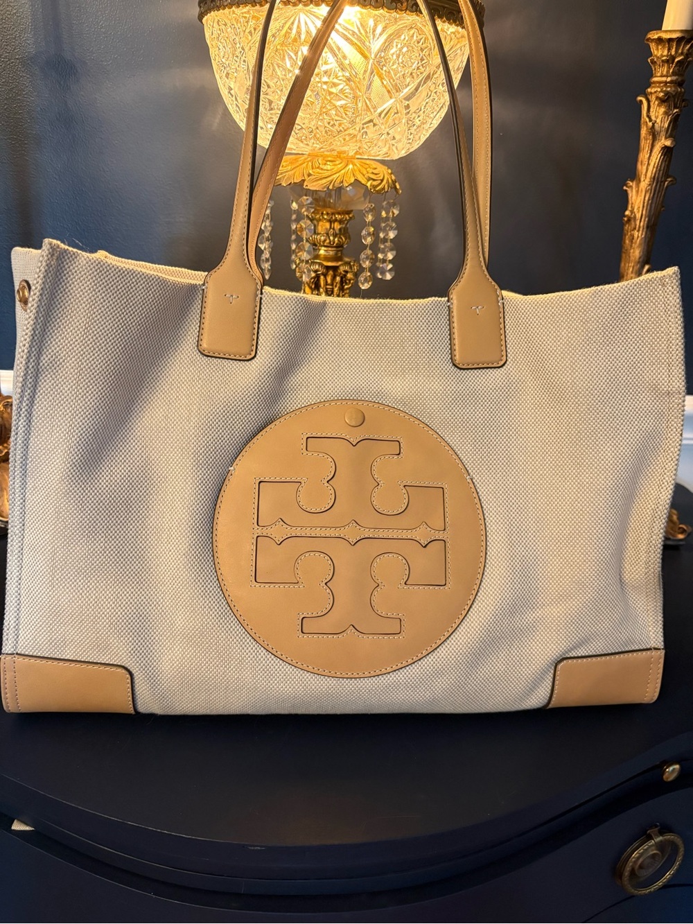 Tory Burch Ella Natural Canvas Tote with Tan Leather